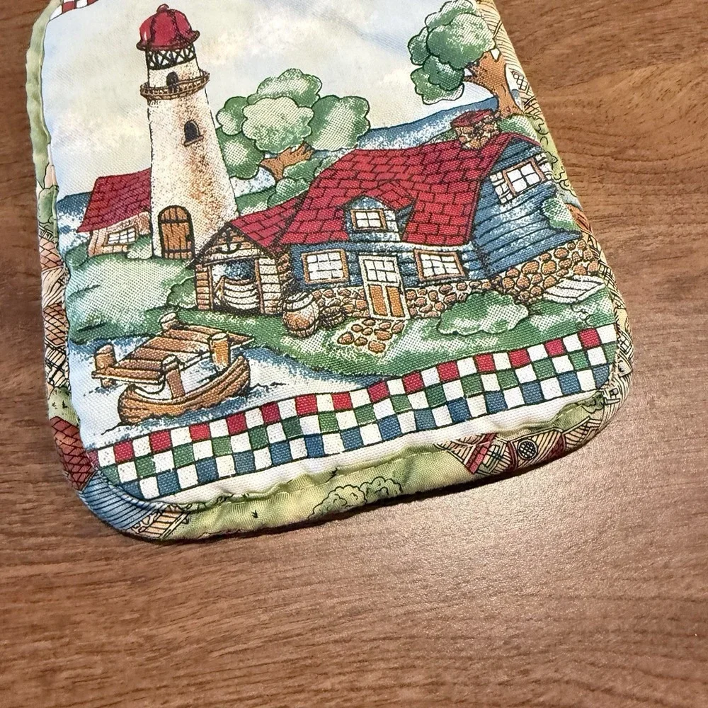 Vintage Lighthouse Pot Holder House Gingham Country Cottage Kitchen 80s